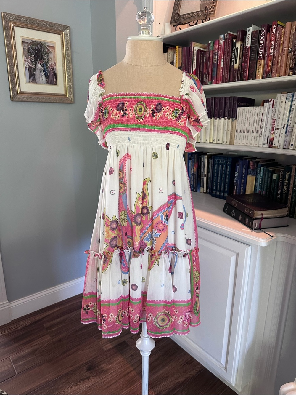 Vintage White Floral Smocked Midi Dress with Pink Accents